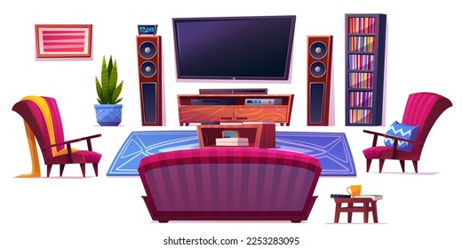 Living room furniture set isolated on white background. Vector cartoon illustration of tv, sofa, armchairs, bookshelves, floor carpet, wall picture frame, potted plant. Home interior design elements