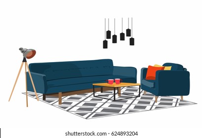 Living Room Furniture Set Modern. Vector Home Interior Design Illustration.