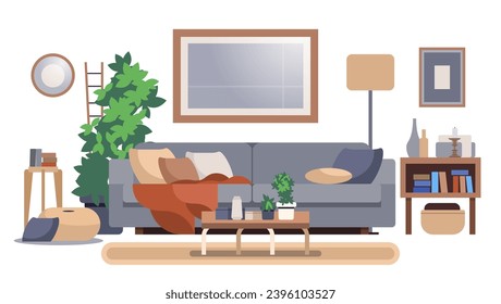 Living room furniture set on isolated background. Interior elements sofa with coffee table, house plants and decor