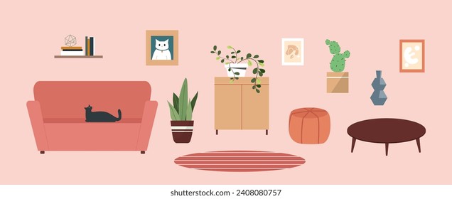 Living room furniture set. Sofa and couch near brown table and desk. Comfort and coziness. Plants in flowerpots and pictures, shelves. Cartoon flat vector collection isolated on pink background