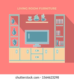 Living room furniture set. Vector flat color illustration on a pink background.