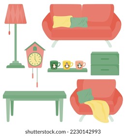 Living room furniture - sofa, armchair, coffee table, floor lamp, shelf, wall clock, pillows, plaid, cups. Vector illustration.