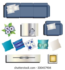 Living room furniture top view set 8 for interior , vector illustration