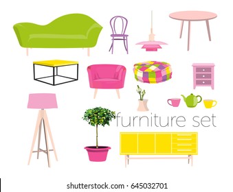 living room furniture vector illustration mid century modern retro 1950 1960. Home house vintage decor. Collection of furniture. Bright mood board