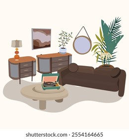 Living room furniture vector set for modern home interior design. Home cozy furniture. A living room with a big sofa, a soft modern chair, a table, houseplant, a carpet and a picture