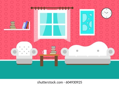 Living room with furniture and window. Flat style vector illustration. Cozy interior.