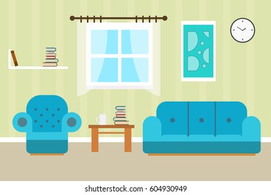 Living room with furniture and window. Flat style vector illustration. Cozy interior.