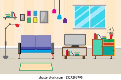 The living room with furniture.There are many things such as books,cabinet, windows,lamps,small trees,sofa, the wall room.The consists of pictures.Flat style vector illustration.