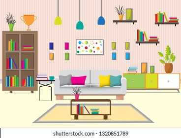 The living room with furniture.There are many things such as books,cabinet, windows,lamps,small trees,sofa, the wall room.The consists of pictures.Flat style vector illustration.