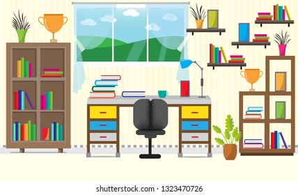 The living room with furniture.There are many things such as books,cabinet, windows,lamps,small trees,sofa, the wall room.The consists of pictures.Flat style vector illustration.