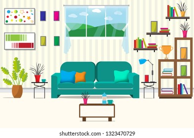 The living room with furniture.There are many things such as books,cabinet, windows,lamps,small trees,sofa, the wall room.The consists of pictures.Flat style vector illustration.