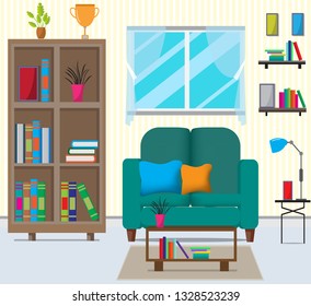 The living room with furniture.There are many things such as books,cabinet, windows,lamps,small trees,sofa, the wall room.The consists of pictures.Flat style vector illustration.