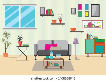 The living room with furniture.There are many things such as books,cabinet, windows,lamps,small trees,sofa, the wall room.The consists of pictures.Flat style vector illustration.