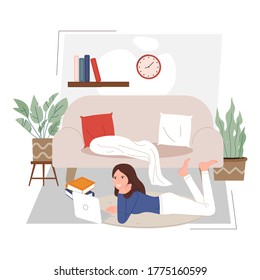 Living room with a girl design background vector illustration cartoon flat style
