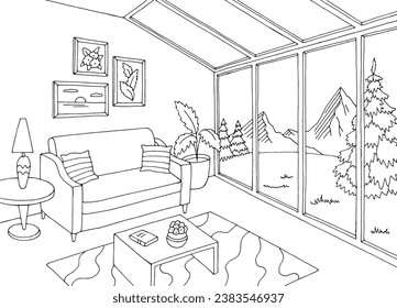 Living room glass roof graphic black white home interior sketch illustration vector