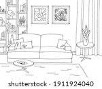 Living room graphic black white home interior sketch illustration vector 