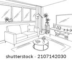 Living room graphic black white home interior sketch illustration vector 