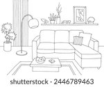 Living room graphic black white home interior sketch illustration vector 