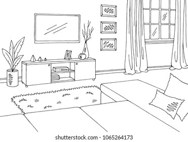 Living room graphic black white interior sketch illustration vector