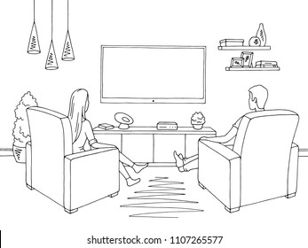 Living room graphic black white home interior. Woman and man sketch siting watching television illustration vector