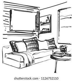 Living room graphic black white interior sketch illustration. Furniture. Sofa and table