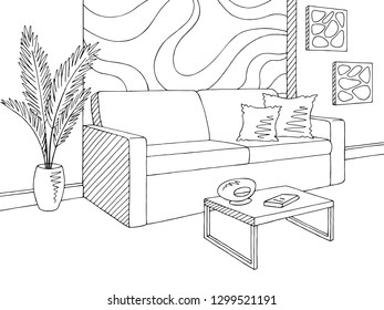 Living room graphic black white home interior sketch illustration vector - Shutterstock ID 1299521191