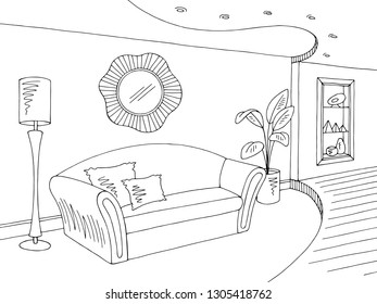 Living room graphic black white home interior sketch illustration vector