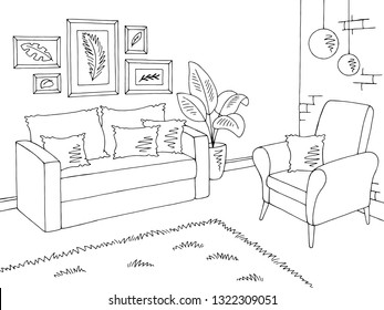 Living Room Graphic Black White Home Interior Sketch Illustration Vector