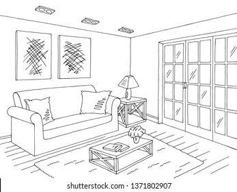 Living room graphic black white home interior sketch illustration vector