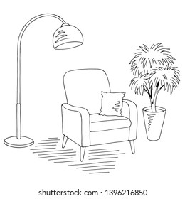 Living room graphic black white home interior sketch illustration vector