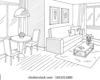 Living room graphic black white home interior sketch illustration vector