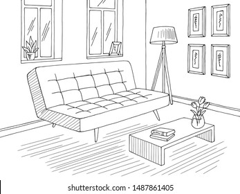 Living room graphic black white home interior sketch illustration vector
