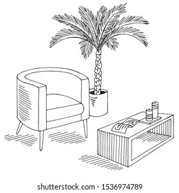 Living room graphic black white home interior sketch illustration vector