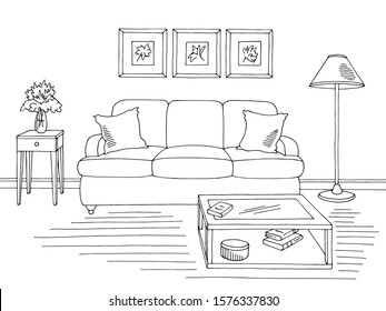 Living Room Graphic Black White Home Interior Sketch Illustration Vector