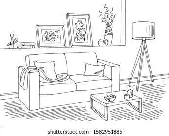 Living room graphic black white home interior sketch illustration vector