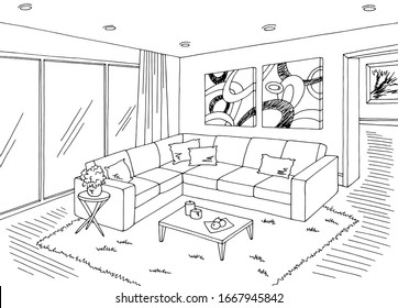 Vektorillustration zur Wohnraumgrafik Schwarz-Weiß-Innenausstattung