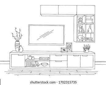 Living room graphic black white interior sketch illustration vector