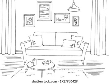 Living room graphic black white home interior sketch illustration vector