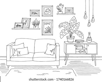 Living room graphic black white home interior sketch illustration vector - Shutterstock ID 1740166826