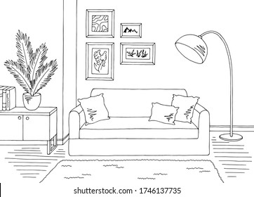 Living room graphic black white home interior sketch illustration vector