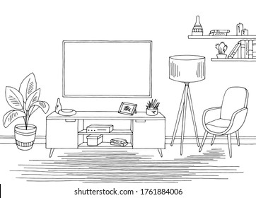 Living room graphic black white interior sketch illustration vector