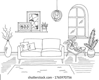 Living room graphic black white home interior sketch illustration vector