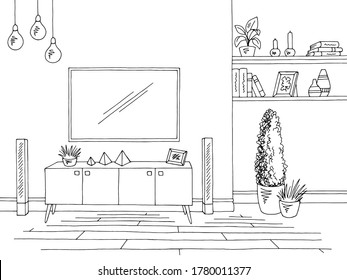 Living room graphic black white interior sketch illustration vector