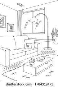 Living room graphic black white home interior vertical sketch illustration vector