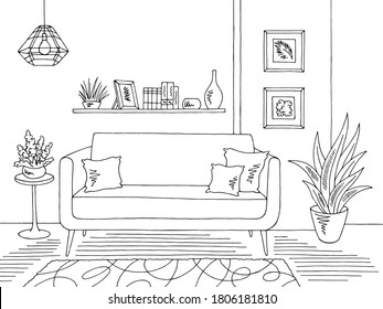 Living room graphic black white home interior sketch illustration vector - Shutterstock ID 1806181810