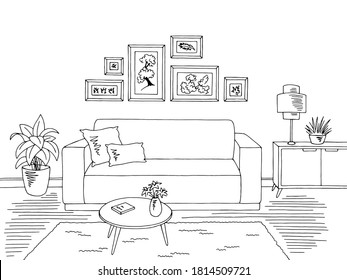 Living room graphic black white home interior sketch illustration vector