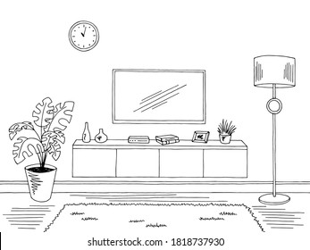 Living room graphic black white home interior sketch illustration vector