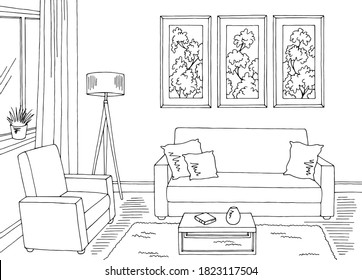 Living Room Graphic Black White Home Interior Sketch Illustration Vector