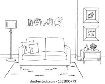 Living room graphic black white home interior sketch illustration vector