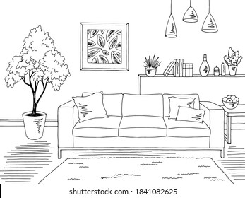 Living room graphic black white home interior sketch illustration vector - Shutterstock ID 1841082625